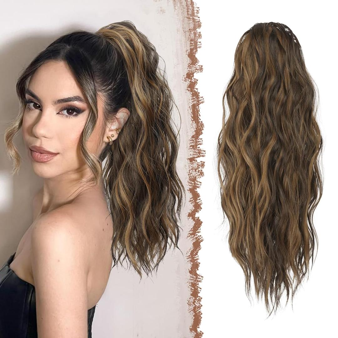 FESHFEN Ponytail Extensions - Drawstring Ponytails Hair Extension Long Curly Wavy Hair Piece Synthetic Pony Tail Hairpieces for Women, Black Brown Mix Golden Blond 18 inch
