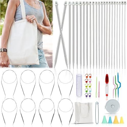 Katech Knitting Needles Set for Beginners, 9 Pairs Circular Knitting Needles Set and 22 Pcs Single Pointed Knitting Needle Set with Tote Bag Knitting Accessories Knit Supplies, Beige Color