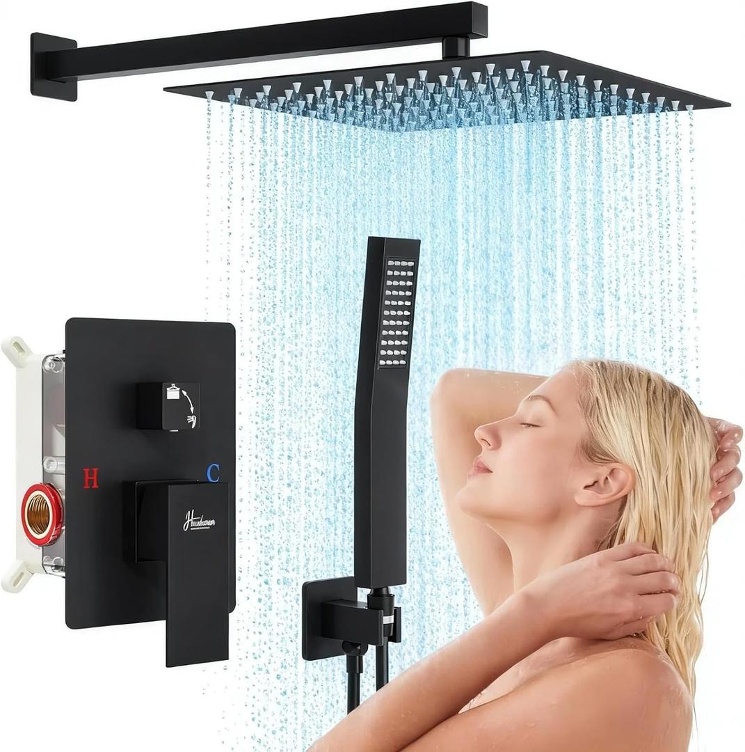 Hawkrown 10 Inch Luxury Rain Shower Faucet Set, Matte Black Shower System with Rainfall Shower Head and Handheld Spray, SUS304 Stainless Steel and Solid Brass Wall Mounted Shower Valve Trim Kit