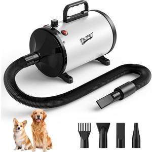 Dog Dryer High Velocity Dog Hair Dryer 5.2HP/3800W, Stepless Adjustable Speed Temperature Dogs Grooming Blow Dryer, Pet Dryer with 4 Nozzles,Blow Dryer for Dogs, White