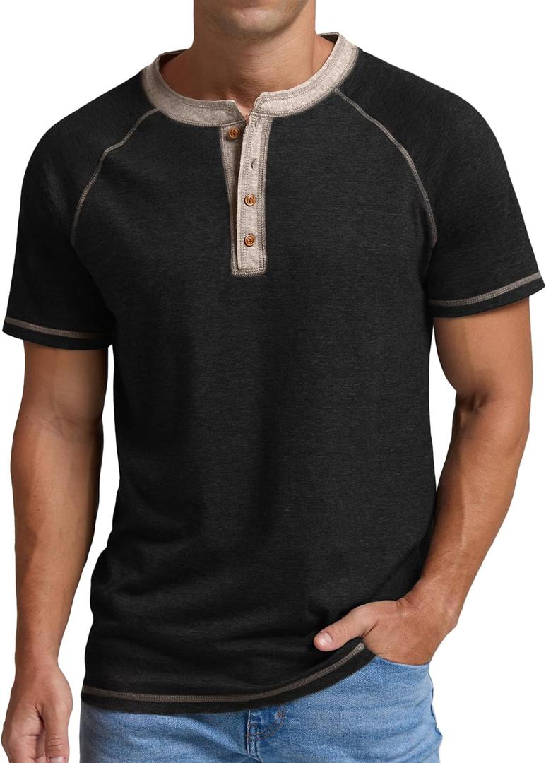 Sailwind Mens Henley Long/Short Sleeve T-Shirt Cotton Casual Shirt (Black, XXL)