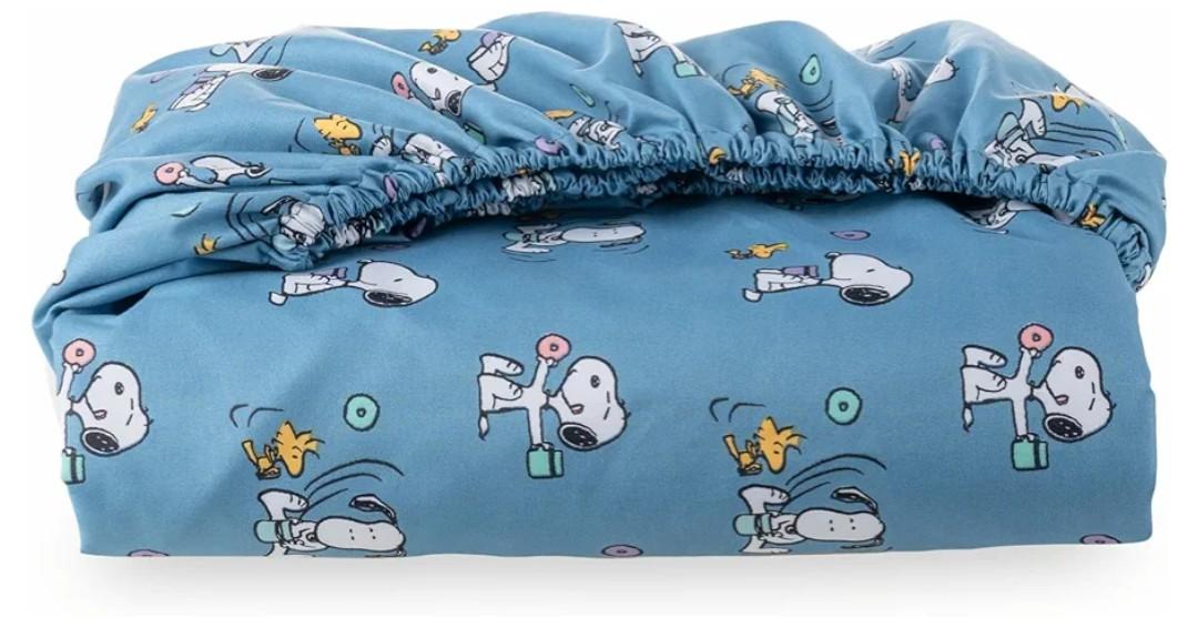 Berkshire Blanket Peanuts® Fitted Sheet Full Size, Cute Character Snoopy Microfiber Sheet with Deep Pocket, Soft and Breathable, Snoopy's Morning Coffee Small Blue