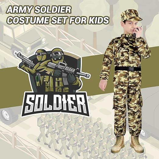 deAO Army Soldier Dress Up for Kid Military Costume Set Role Play with Helmet Accessories Soldier Boy Dress up Halloween (Large, Green)