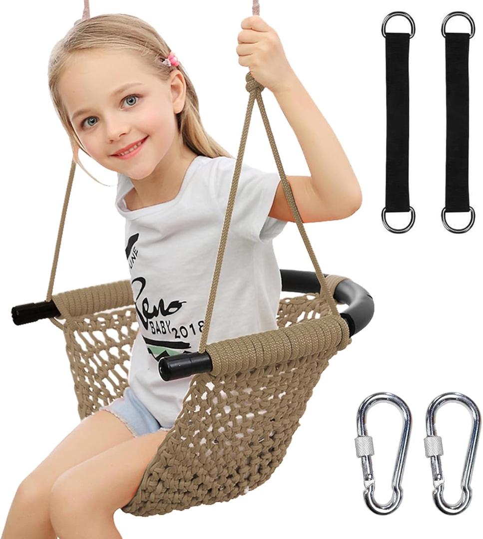 Hi-Na Tree Swing for Kids, Adjustable Toddler Rope Swing Seat with Snap Hooks and Straps, 440 lbs Capacity, Swingset Accessories for Indoor Porch Doorway Outdoor Playground Backyard (Khaki)