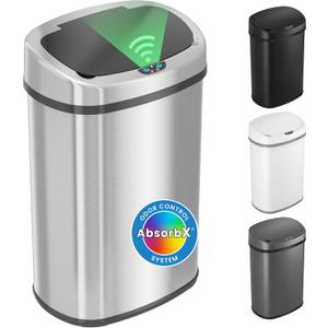 iTouchless 13 Gallon Oval Sensor Trash Can with Odor Filter, Automatic Motion Sensor Kitchen Bin, Soft-Close Stainless Steel, Slim Curved Wastebasket for Narrow Walkways & Islands, Matte Silver (Light Silver, Black)