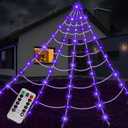 Spider Web Halloween Decoration Outdoor Lights, 125 Purple LED Light Up 16.4Ft Giant Spiderweb & 22 Small Fake Spiders & 20g Stretch Cobweb, 8 Modes Remote Control Lighted Decor for Yard Outside