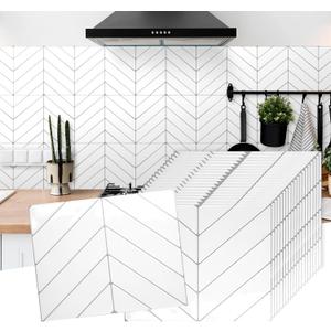 20 Sheets Herringbone Tile Sticker, Peel and Stick Backsplash for Kitchen, 2.5mm Thick Self Adhesive Wall Tile with Grey Grout, Waterproof Stick on Backsplash for Bathroom, RV, White