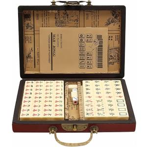 Chinese Mahjong Set, Traditional Majong Sets Chinese with 146PCS 0.87" x 0.59" x 0.47" Mini Mahjong Tiles, 2PCS Dot Dice & 6.7 Wooden Carry Case for Travel, Family Gathering, Party