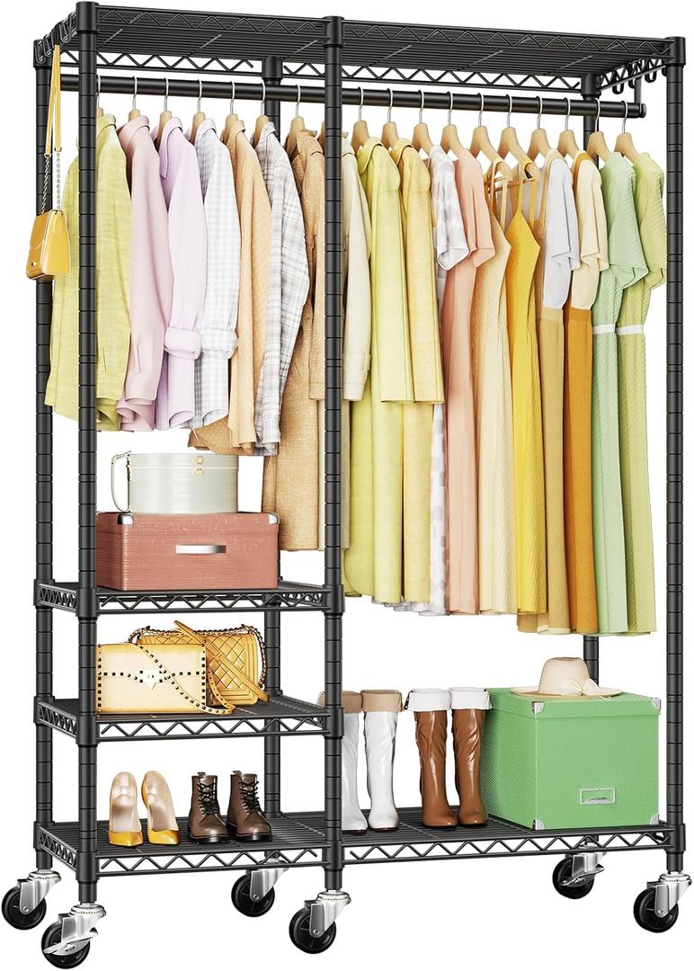 Ulif F4R Heavy Duty Clothes RackWith Lockable Wheels  Rolling Clothing Racks for Hanging ClothesAdjustable Closet Organizer SystemPortable Garment Rack 45"W x 15.8"D x 73.5"HMax Load 650LBSBlack