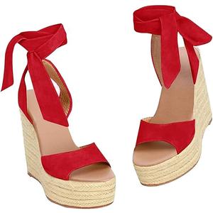 Liyuandian Womens Platform Espadrille Wedges Open Toe High Heel Sandals with Ankle Strap Buckle Up Shoes (7.5, Red)