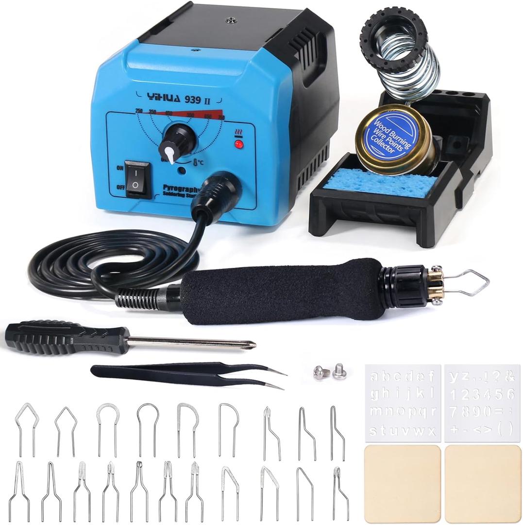 YIHUA 939-II Wood Burning Kit Station Pyrography Pen 250~750/482~1382 Temperature Adjustable with 20 Wire Nibs, 1 Stable Pen Holder, 2 Stencils, 2 Scrap Wood, 1 S/S Tweezers, and 1 Pliers (Blue)