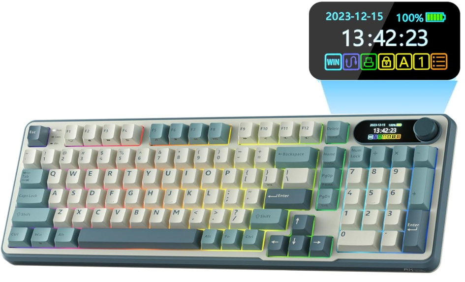 RK ROYAL KLUDGE S98 Mechanical Keyboard w/Smart Display & Knob, Top Mount 96% Wireless Mechanical Keyboard BT/2.4G/USB-C, Hot Swappable, Software Support, Creamy Sounding, 98 Keys 