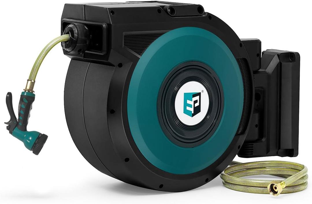EP Retractable Garden Hose Reel - 1/2 in x 100ft,Heavy Duty Garden Hose Reels Wall Mounted, with 9-Function Sprayer Nozzle, Locking System, 180 Swivel Bracket, Black