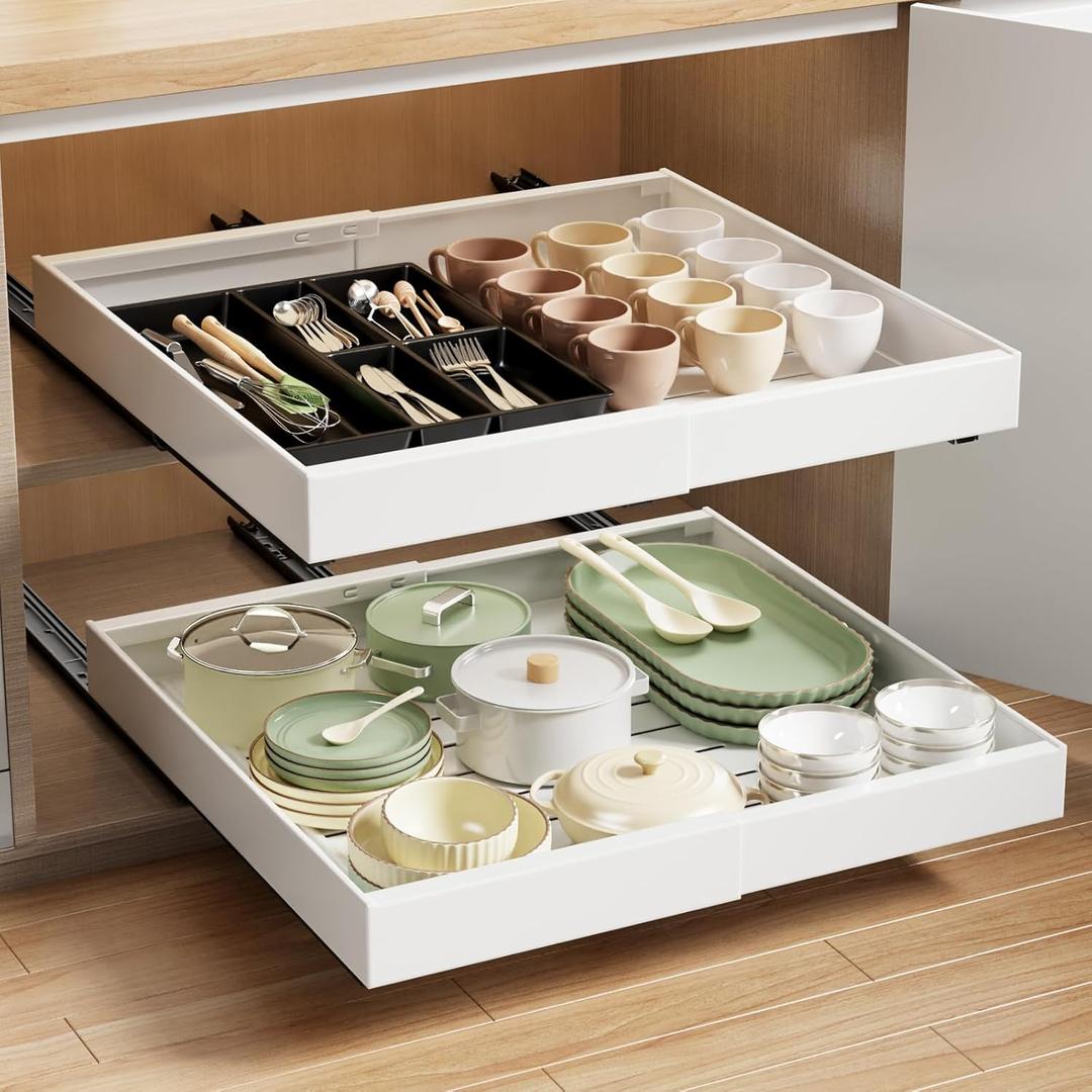 MUSTORN 2 Pack Pull Out Cabinet Organizer Expandable, 21"Deep Slide Out Drawer for Cabinets Adhesive Pull Out Drawers Heavy Duty Pull Out Shelves for Kitchen, Cupboard, Pantry, Bathroom(White)