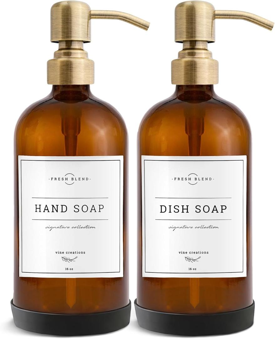 Vine Creations Amber Glass Soap Dispenser, 2 Pack Kitchen Soap Dispenser Set with Stainless Steel Pump, 16 oz Dish Soap and Hand Soap Dispensers for Bathroom with Waterproof Labels and Protective Pads (Amber Bottle / Brushed Brass Pump)