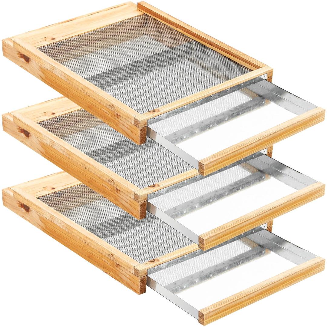 DoubleFill 3 Pcs 10 Frame Beehive Metal Screened Bottom Board Dipped in Beeswax with Entrance Reducer Beeswax Wood Screened Bottom Board Beekeeping Supplies Apiary Needs