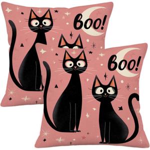 Halloween Black Cat Throw Pillow Covers 2 Pack, 18x18 Inch Double Sided Printed Linen Cushion Covers for Sofa Couch, Spooky Moon Stars Design Decorative Pillowcases for Fall Holiday Home Decor