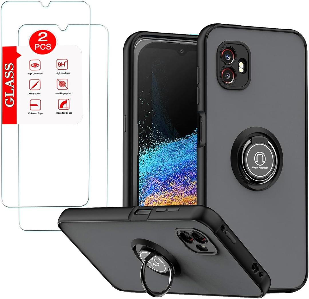 for Samsung Galaxy XCover 6 Pro Case with [2 Pack] Tempered Glass Screen Protector, for Galaxy XCover6 Pro Ultra Thin Heavy Duty Armor Protectivewith Magnetic Kickstand Phone Case Black