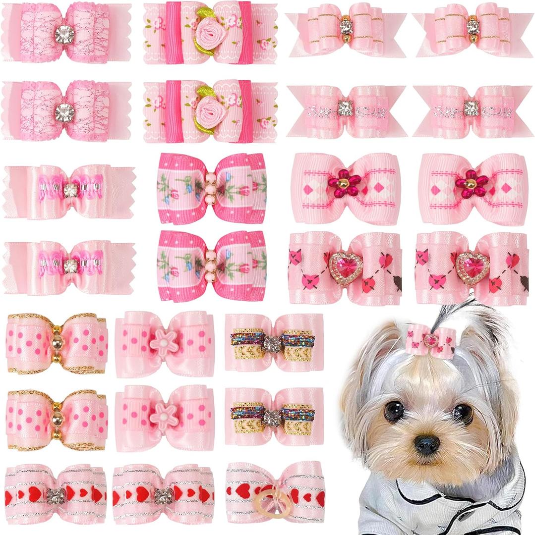 Yxiang 24PCS Dog Hair Bows, Pink Cute Dog Hair Bows Yorkie Puppy Bows with Rubber Band Pet Grooming Bows Colored Polka Dot Dog Hair Accessories for Small Dogs