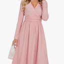 OUGES Women's Fall Long Sleeve V Neck Wrap Casual Work Business Outfits Winter Dress 2024(Pink - XL)