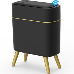 Yatmung Bathroom Trash Can Automatic Touchless Modern Smart Trash Bin - Narrow Waste Basket for Bedroom, Laundry Room, Office, Plastic - Motion Sensor Garbage Can with Lid - Black with Gold Edge (1 Pack)