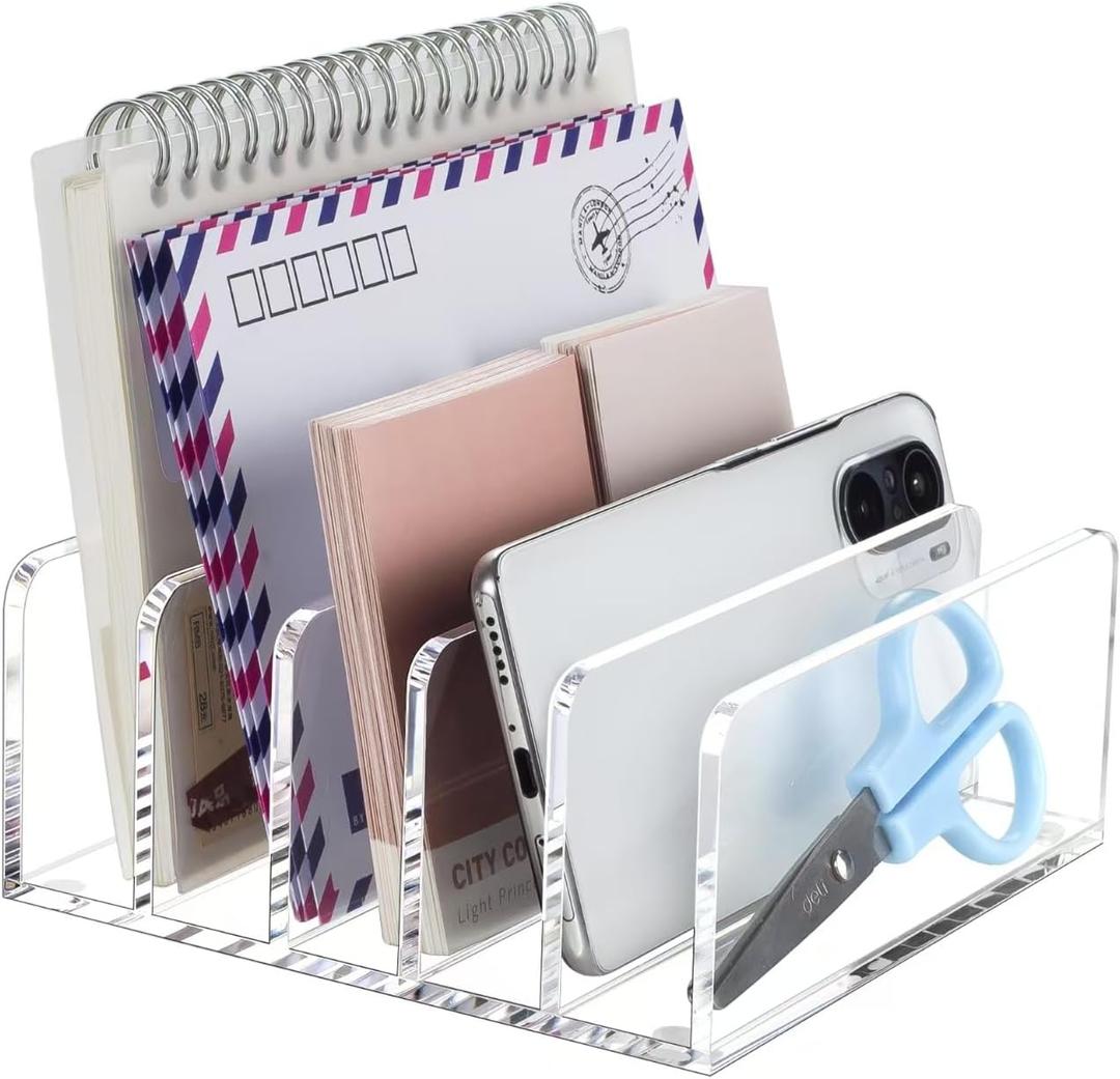 BEYGORM Acrylic Mail Holder, Clear Desk Organizer with Divider, Vertical Letter Sorter for Desktop, 5 Compartments Modern Office Home Envelope Organizer for Bill, Document, Notebook