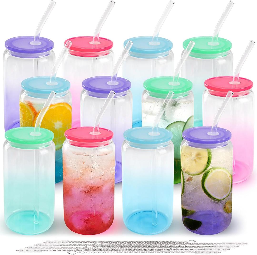 Joyclub 16oz Glass Cups with Acrylic Lids and Straws 12 Set Can Shaped Glass Iced Coffee Cups with Lids, Gradient Drinking Glasses Cute Tumbler Cup Great for Smoothie Soda Boba Tea Cocktail Beer Gift (12 Pack Gradient Color Bottom)