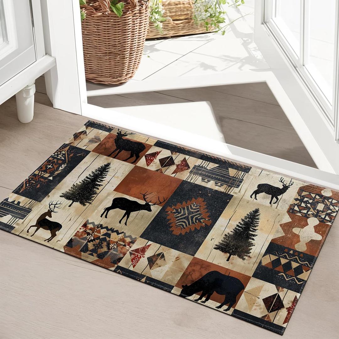 Wildlife Indoor Door Mat, Deer Bear and Tree with Southwest Style Front Doormats, Rustic Entryway Area Rug 17x29.5 Inch Soft Non Woven Floor Mats for Porch Kitchen Bathroom Decor Gifts