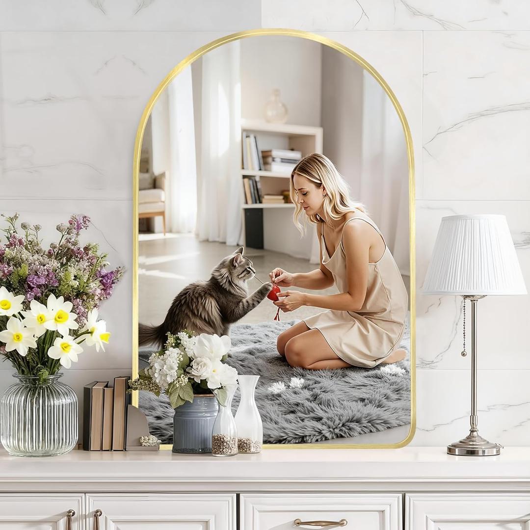 24"x36" Wall Mirror for Bathroom Vanity, Modern Frosted Metal Framed Arch Mirror, Wall Mounted for Bedroom, Living Room, Entryway (Gold)