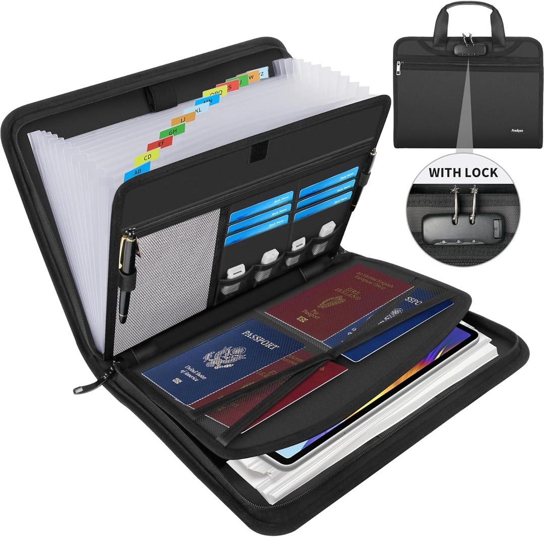 Andyer Fireproof Accordion File Organizer with Lock, Important Document Organizer Holder with Handle, 13 Pockets Expanding File Folder Binder, Portable Document Folder Storage for Business Travel (Black)