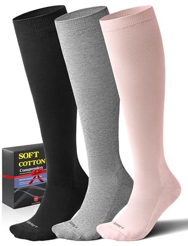 3 Pairs Cotton Compression Socks for Women Men 20-30 mmHg - Knee High Support Socks with Thick Sole and Seamless Toe