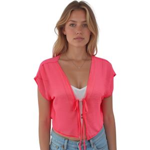 Star Vixen womens Tie Front Flutter Sleeve Chiffon Open Cardigan (Small, Pink/Neon)