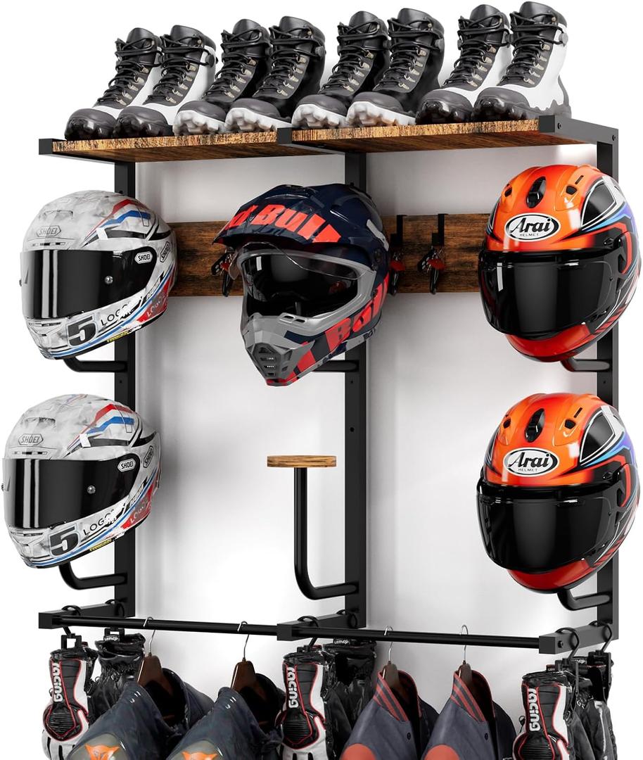 Motorcycle Helmet Rack with 6 J-hooks& 6 Clip Hooks Wall Mounted Helmet Holder Stand for 6 Helmets, Riding Suits & Accessories, Sturdy Construction Storage Organizer for Entryway or Garage