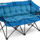 Double Camping Chairs Padded Loveseat Chair for 2 Person - Heavy Duty Oversized Camping Couch for Adults Outdoor Lawn Beach - Portable Folding Sofa with Cup Holders and Carry Bag, Bright Blue