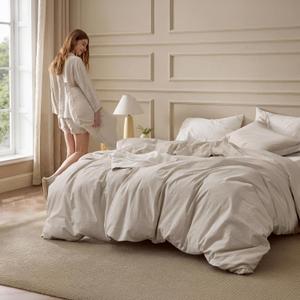 Bedsure 100% Washed Cotton Duvet Cover Queen Size - Linen Color Minimalist Cotton Duvet Cover Linen Like for All Seasons - GentleSoft Plain Simple Bedding (Queen, 90"x90")