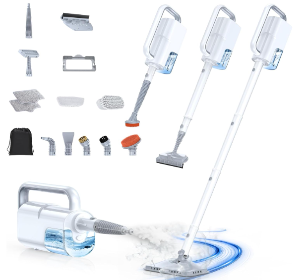 Steam Mop with Detachable Handheld Steam Cleaner, 10-in-1 Multi Accessories, Quick 10s Heat, 350ml and 2-Level Steamer for Cleaning Floor, Carpet, BBQ Grill, Tile, and Grout, Gray