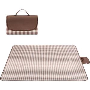 Wind Tour Waterproof Picnic Blanket with Carry Strap - Foldable Sandproof Outdoor Mat for Camping, Beach, Park - 59" x 71", Coffee Grid (Single Mat)