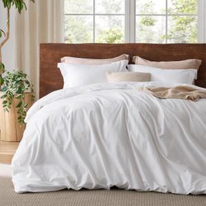 Bedsure 100% Washed Cotton Duvet Cover King - Bright White Minimalist Duvet Cover Linen Like for All Seasons - GentleSoft Plain Simple Cotton Bedding, 3 Pieces (Bright White, King, 104"x90")
