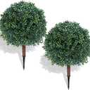 27.5" Artificial Boxwood Topiary Ball Tree with Ground Spike, Set of 2 Artificial Cedar Bushes, UV Resistant Faux Boxwoods Outdoor Plants Artificial for Porch Garden Front Porch Decor