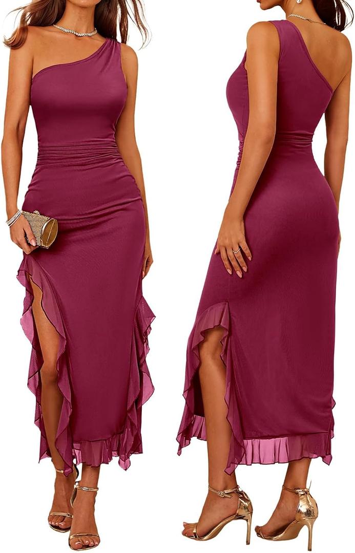 DRESSTELLS Women Formal Wedding Guest Long Cocktail Party One Shoulder Mesh Ruched Bodycon Maxi Ruffle Slit Dress (Red, L)
