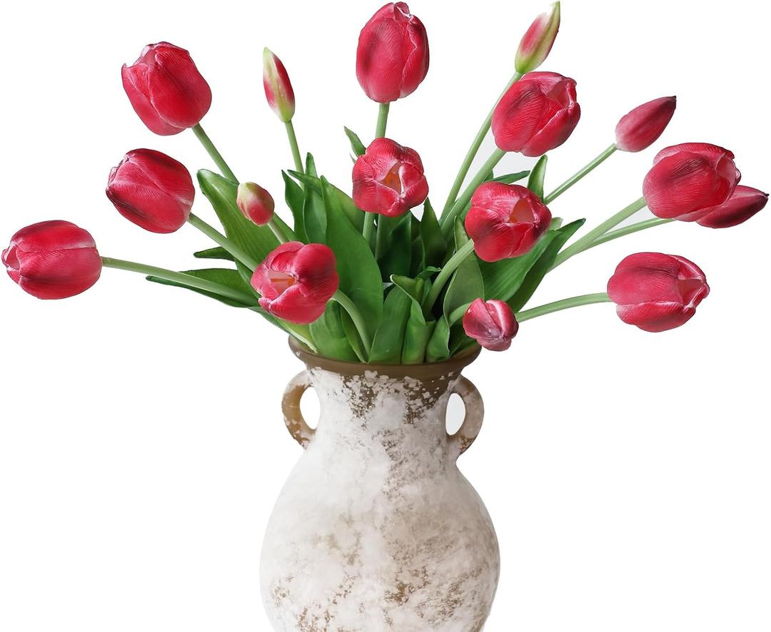 Mizii 15Pcs Red Tulips Artificial Flowers Latex Plastic Real Touch Fake Tulips Flowers Look Real Faux Tulip Flower Bouquet Decoration for Vase Room Table Centerpieces Home Decor (Red)