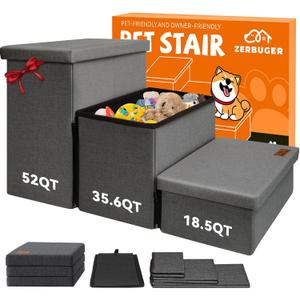 Dog Stairs with Storage 18" H, 3-Step Wider Dog Steps for Small/Medium/Large Old Dogs Cats, Folding Sturdy Pet Stairs Climbing Bed Couch, Ramp for Car Hold Up to 200 lbs (Dark Grey, No Condo)