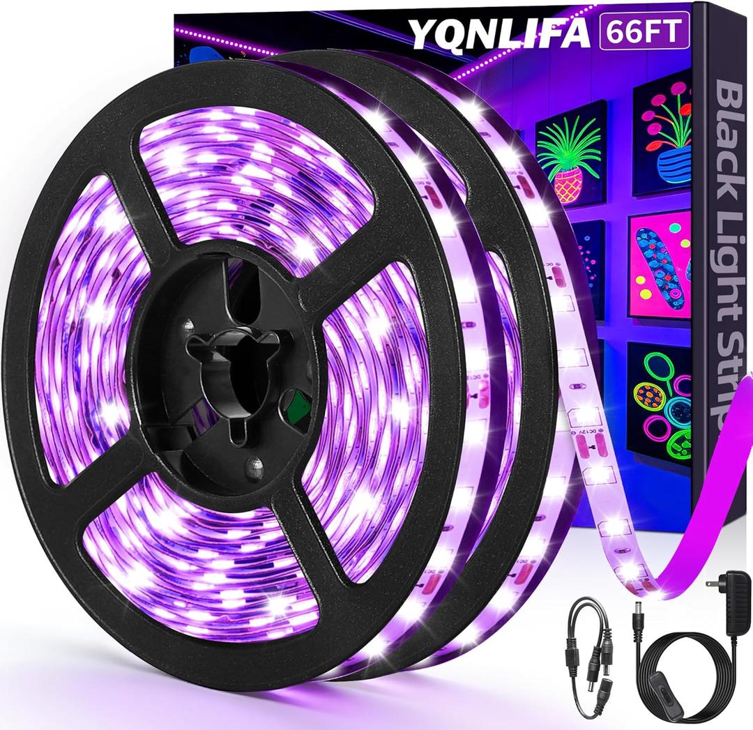 66FT Black Light Strip, 1200 Lamp Beads, Flexible LED Blacklight Kit, 12V Blacklight Strips, Non-Waterproof for Indoor BedroomDecoration, Glow Party, Birthday, Wedding, Halloween