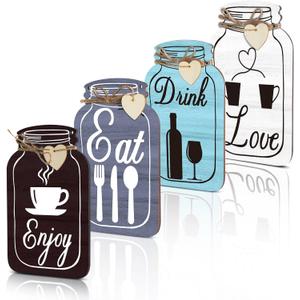 Yalikop 4 Pcs Wooden Kitchen Wall Decor Mason Jar Shaped Eat Drink Enjoy Love Hanging Sign Rustic Home Decor for Farmhouse Dining Room, 8 x 5 Inch(Retro Style,Gray, White, Blue, Dark Brown)