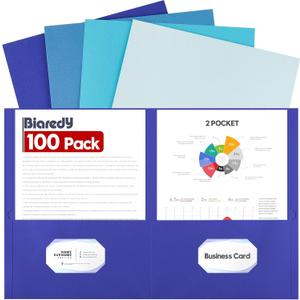 Folders with Pockets, 100 Pack Letter Size Durable Thick Paper 2 Pocket Folders, Holds 100+ Sheets with Business Card Slot for Presentation, Office, School and Home, Blue Assorted