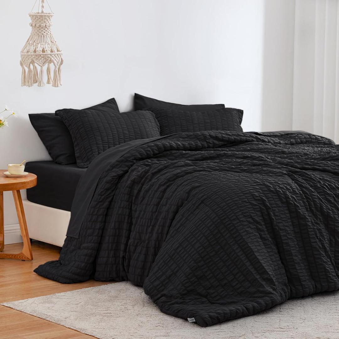 Love's cabin Seersucker Black King Size Comforter Set, 7-Piece All Season Lightweight Bed in a Bag Bedding Set with Comforter, Flat Sheet, Fitted Sheet, Pillowcases and Shams | Soft, Breathable, Lightweight (King (102"X90"))