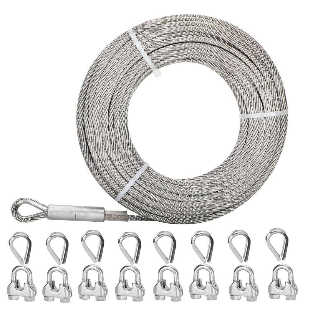 5/16 Stainless Steel Cable150FT, 7x19 Strands Aircraft Cable, 9000 lbs Breaking Strength Stainless Steel Wire Rope with M8 Clips Clamp and Thimbles for Boat Lift Cable,Winch Cable