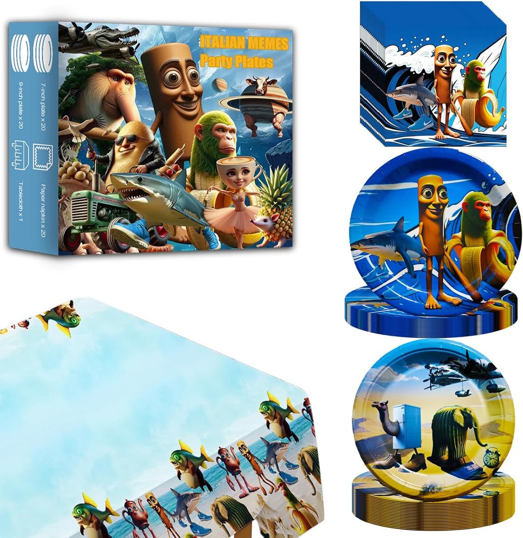 Party Supplies 61 PCS Brainrot Plate Set Italian Memes Disposable Paper Dinner Plates Brainrot Party Favors Tableware for New Year Valentine's Day Easter Birthday