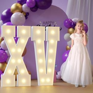Marquee Numbers 15th-Birthday Large Decorations: 4ft Light Up Letters XV Birthday Sign for Boy Girl Quinceanera Anniversary Mosaic Party Decor Backdrop Big Foam Board Letter XV
