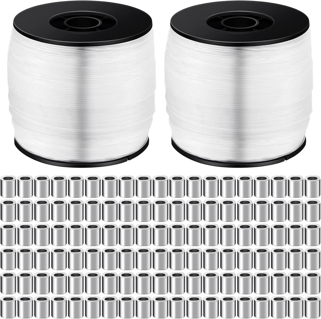 Sumind Strong Clear Picture Hanging Wire Invisible Picture Frame Fishing Wire up to 100 Lbs 656 Feet Monofilament Fishing Line with Aluminum Crimping Loop Sleeves(2 Roll,0.8 mm)